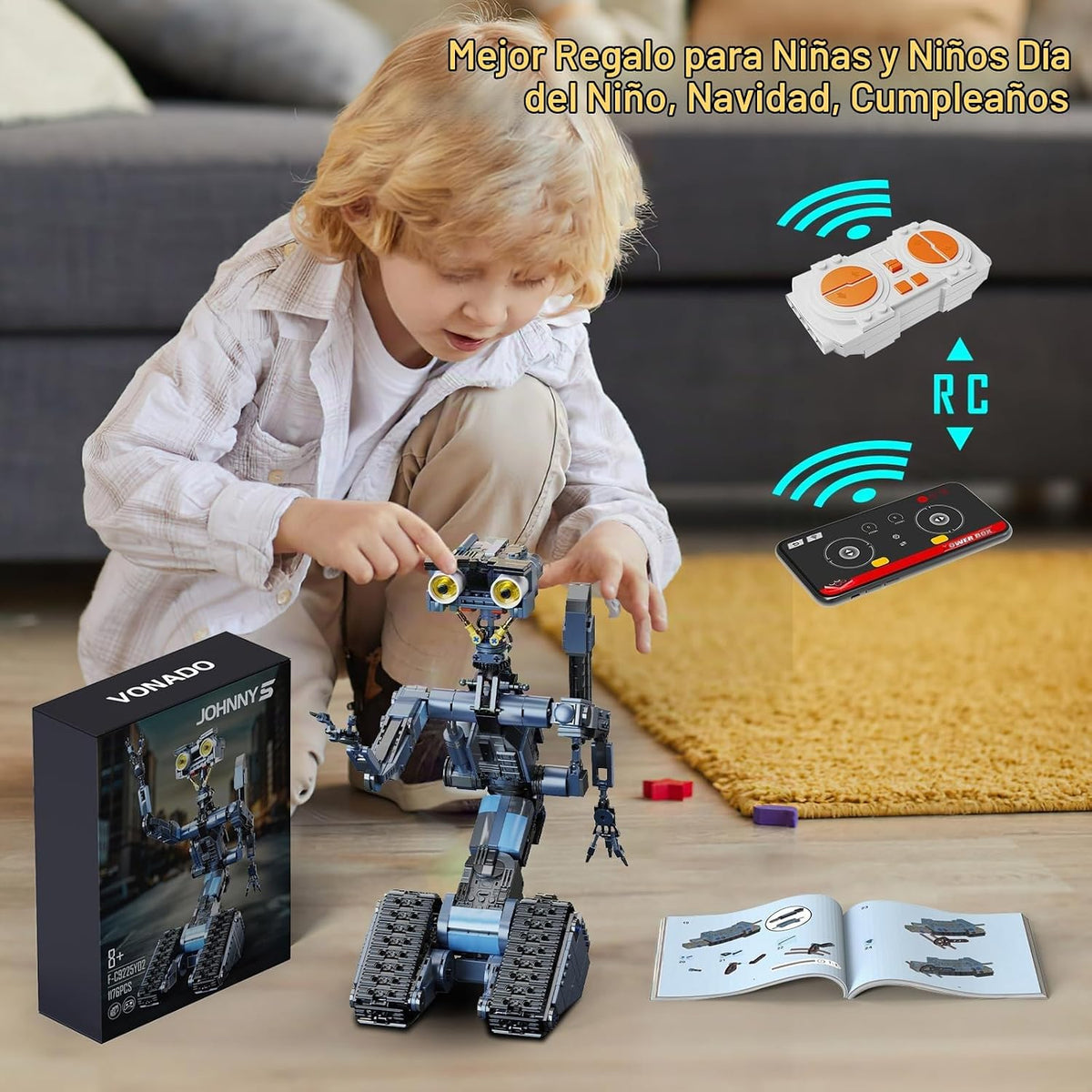 iATOM Johnny 5 Robot Building Set de 1176 piezas con control remoto, recargable, regalo para adultos y hombres, kit de modelo robótico de película STEM Tech