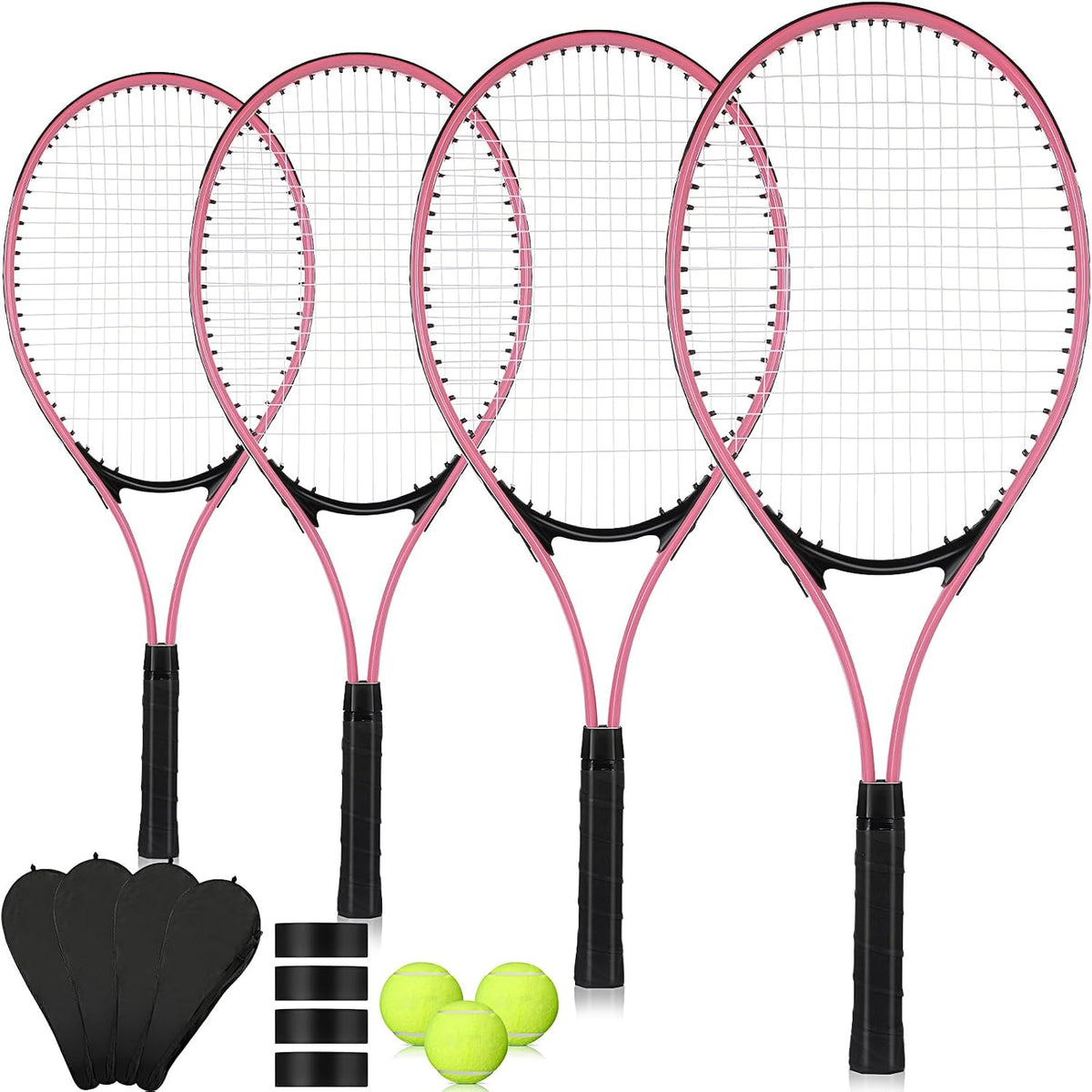 4 raquetas de tenis para adultos recreativas para 4 jugadores, raqueta de tenis ligera de 27 pulgadas con 3 pelotas de tenis para entrenar principiantes con bolsa de transporte