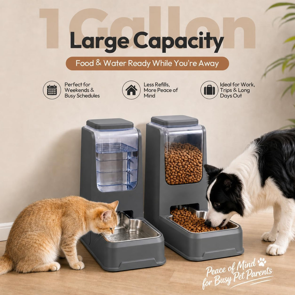 Juego de alimentador automático para gatos y dispensador de agua con cuencos de acero inoxidable, comida por gravedad para perros y bebederos de gran capacidad para cachorros pequeños y medianos