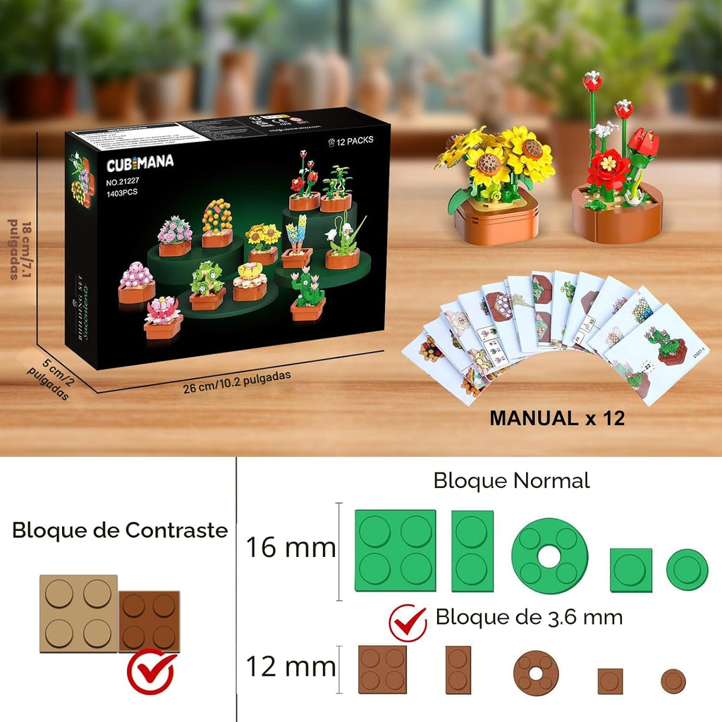 CUBIMANA Paquete de 12 mini construcción botánica de flores para adultos y