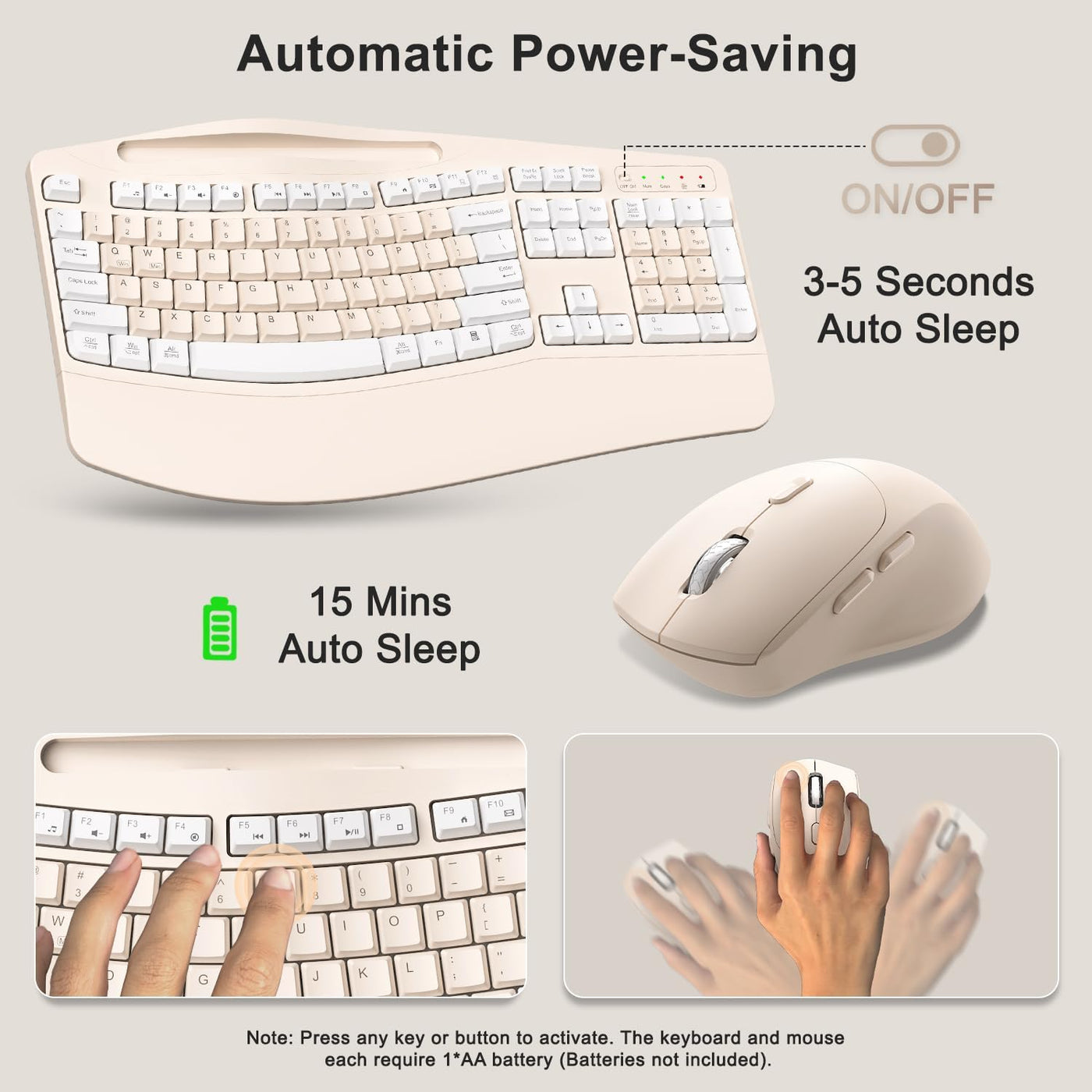 Combo de teclado y mouse inalámbricos, teclas onduladas de tamaño c...