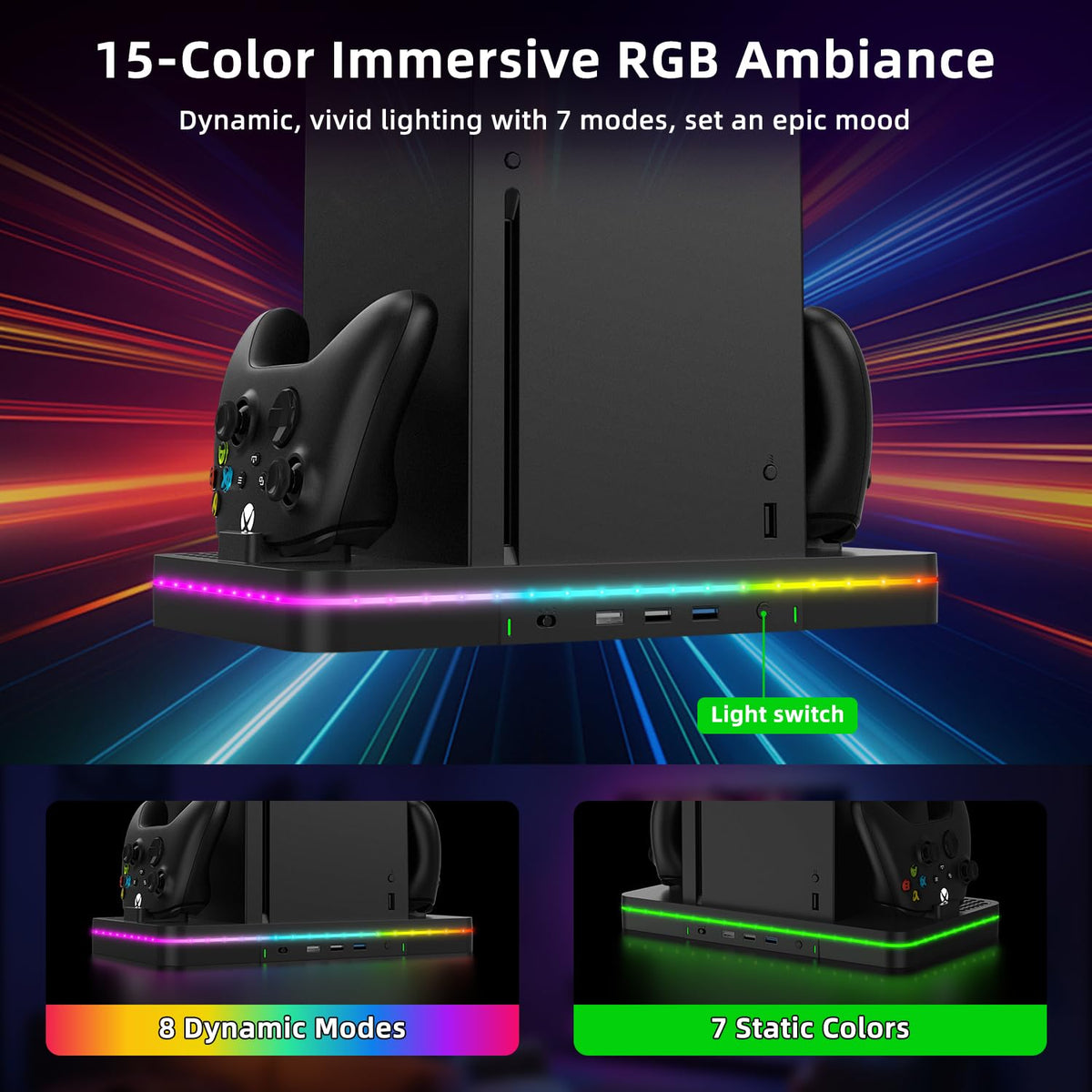 Accesorios Xbox Series X, soporte de carga de ventilador de refrigeración compatible con consola Xbox Series X/S, base de carga inalámbrica de doble controlador, ventiladores de 2 velocidades, 15