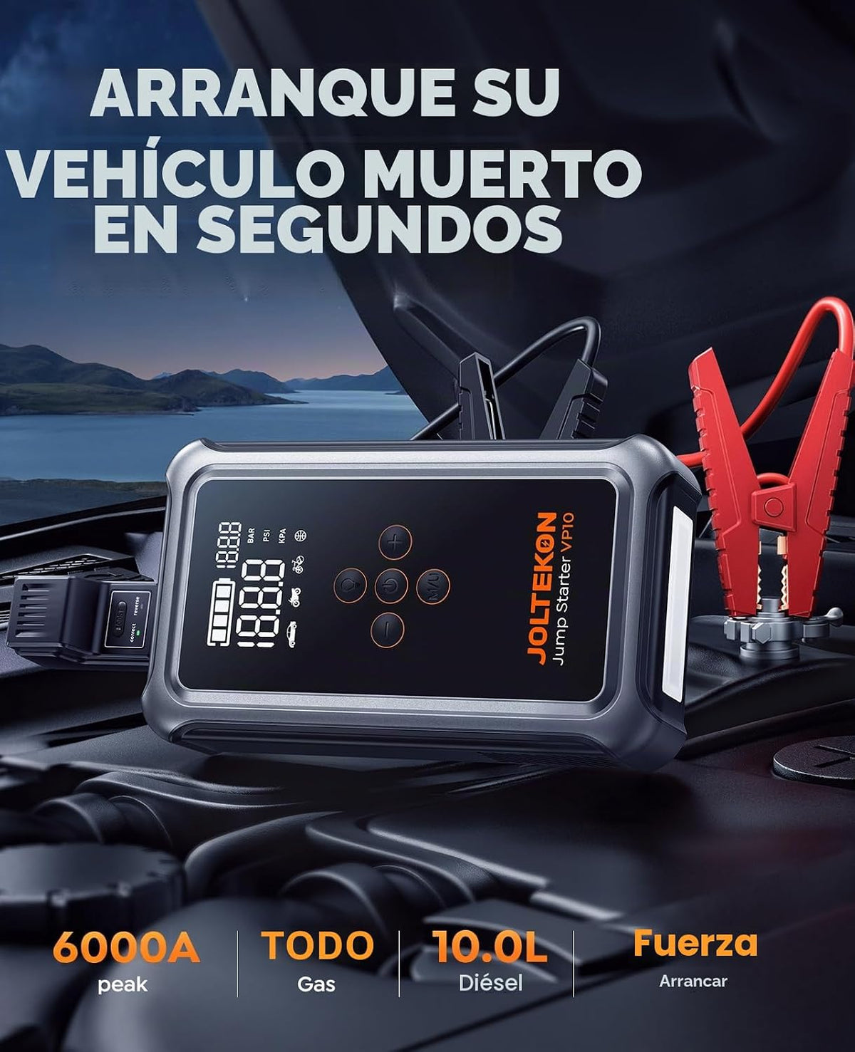 Arrancador de batería de coche con compresor de aire de 6000 A 150 PSI, arrancador de coche portátil (todo gasolina/10L diesel), batería de coche con inflador de neumáticos de apagado