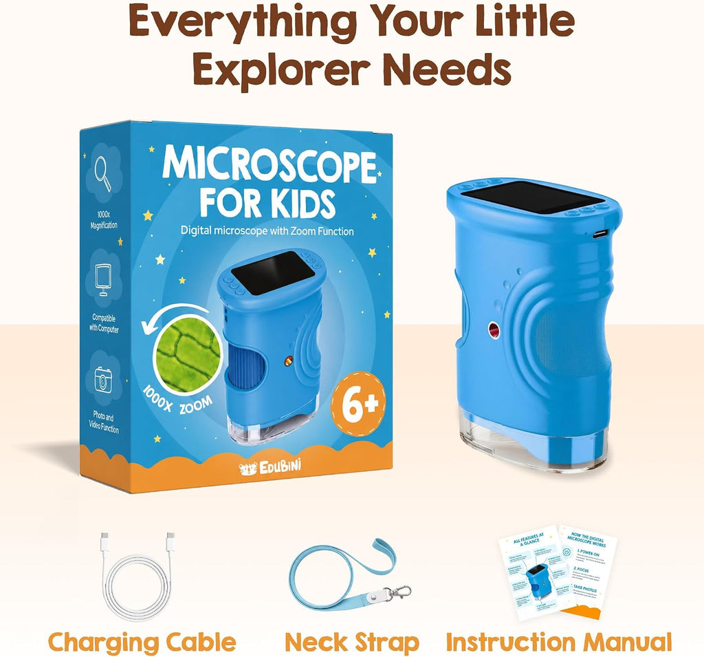 Microscopio digital para niños [zoom 4K 1000x con pantalla IPS de 2.0 pulgadas] - Microscopio de bolsillo de mano para niños para exploración y experimentos al aire libre - Juguete STEM y regalo de