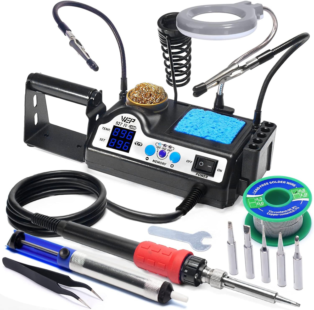 Kit de estación de soldadura WEP 927-IV de alta potencia de 110 W con 3 canales preestablecidos, modo de suspensión, lupa LED, 5 puntas de soldadura adicionales, limpiador de puntas, 2 manos de ayuda