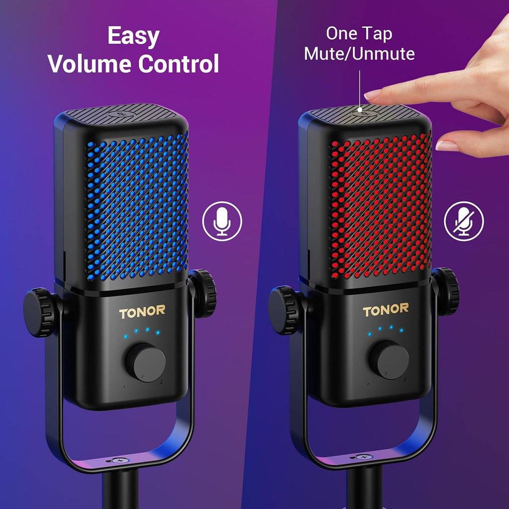 TONOR Micrófono Gaming Compatible con Xbox, Mic de Soporte RGB para Streaming con 30H de Batería, Bajo Ruido, Monitoreo, Control de Ganancia, Mudo con un Toque, Carga Rápida, Compatible con Captura TCX3+ Negro