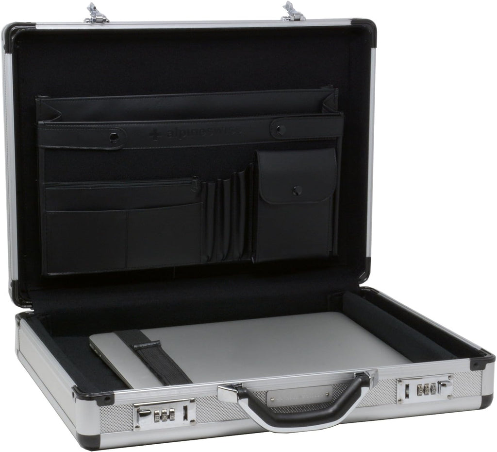 Alpine Swiss Maletín de aluminio ejecutivo maletín acolchado para portátil para hombres Funda de carcasa rígida Attache con cerradura combo Maletín de negocios
