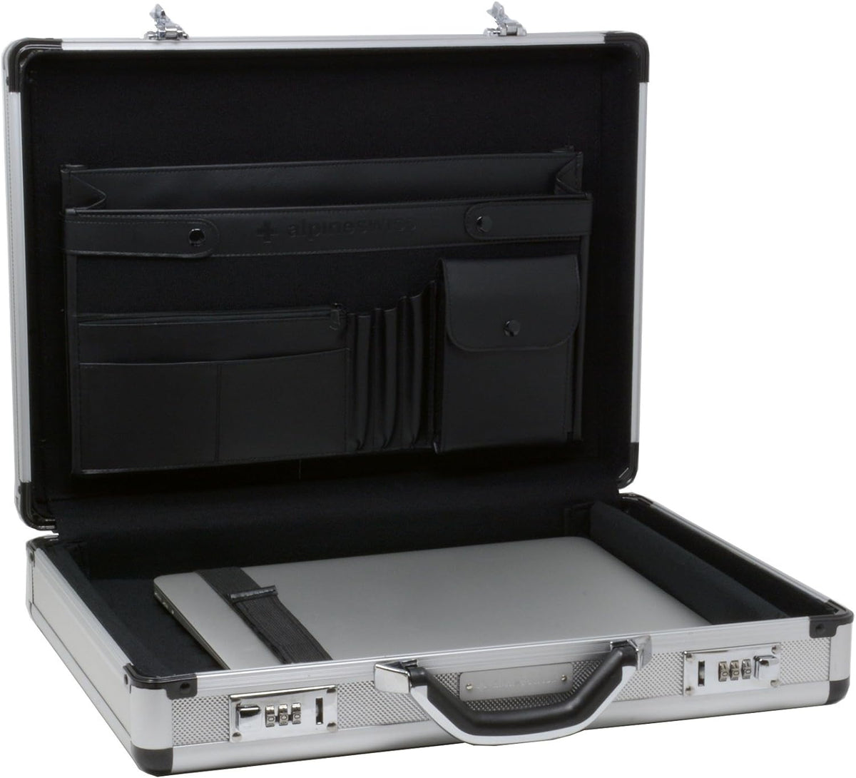 Alpine Swiss Maletín de aluminio ejecutivo maletín acolchado para portátil para hombres Funda de carcasa rígida Attache con cerradura combo Maletín de negocios