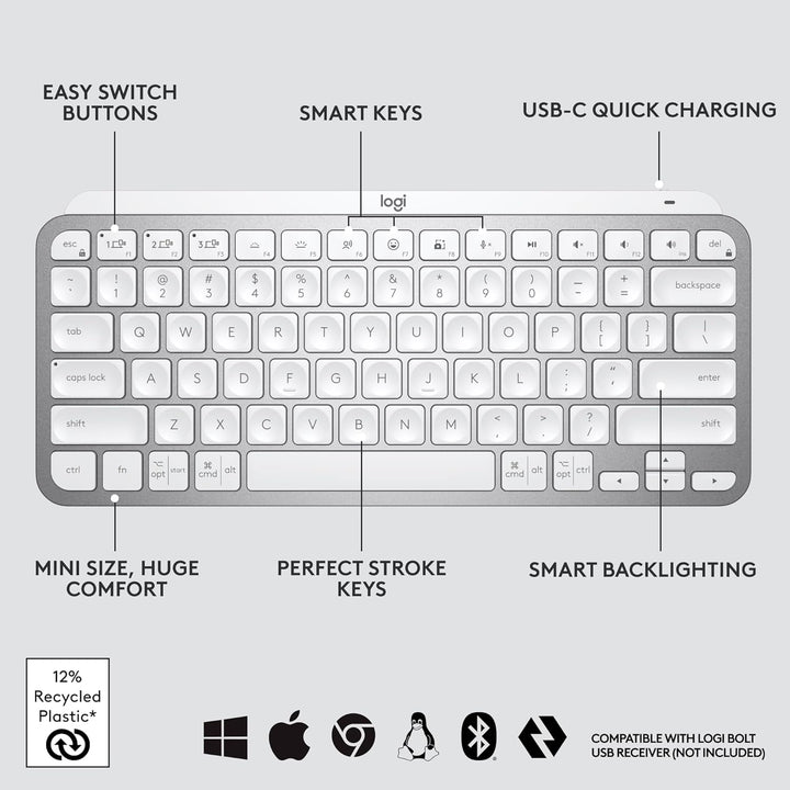 Logitech MX Keys Mini - Teclado minimalista, inalámbrico, iluminado...