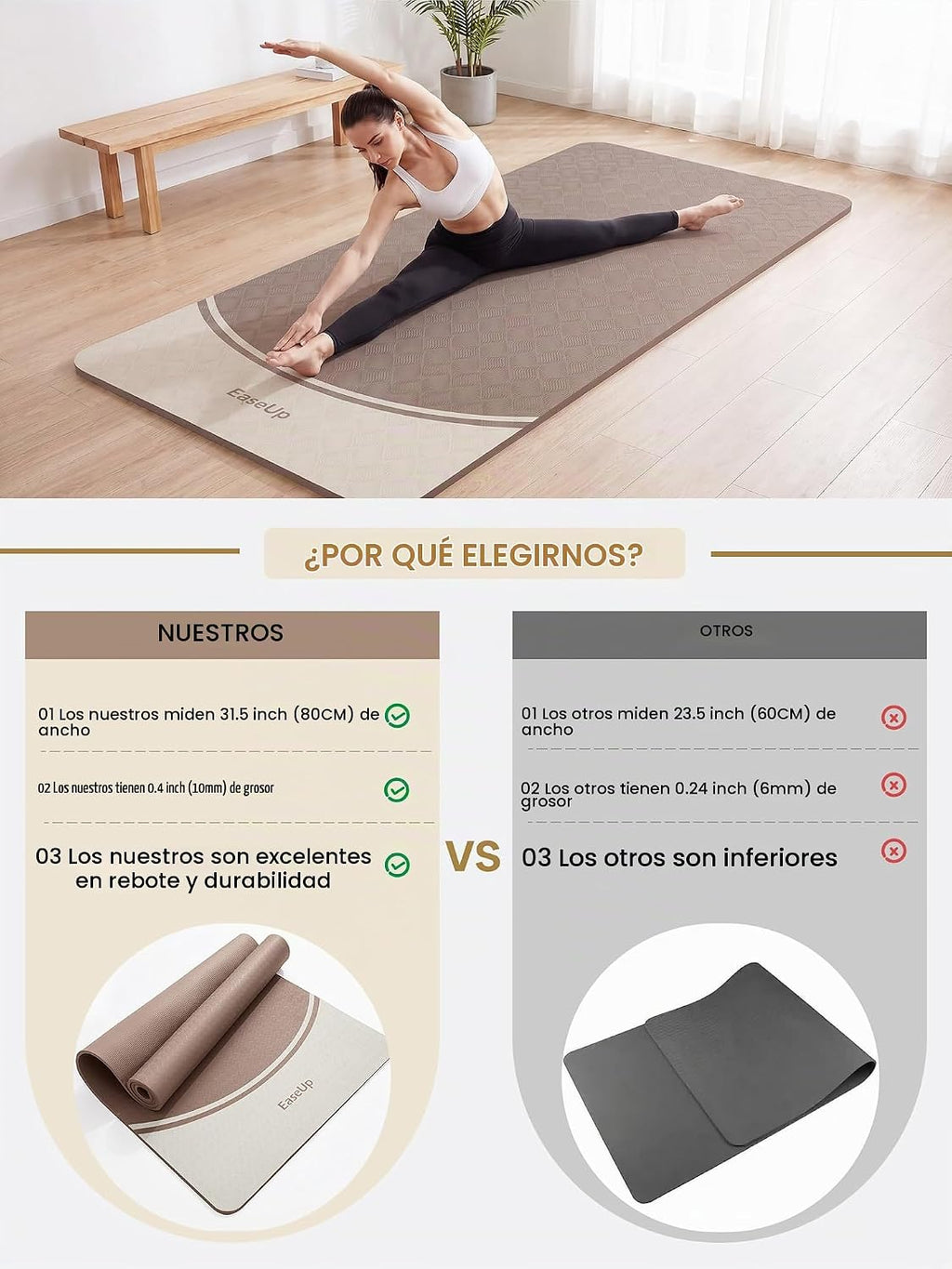EaseUp Tapete de yoga de 0.394 in de grosor, 73 x 31.5 pulgadas, extra