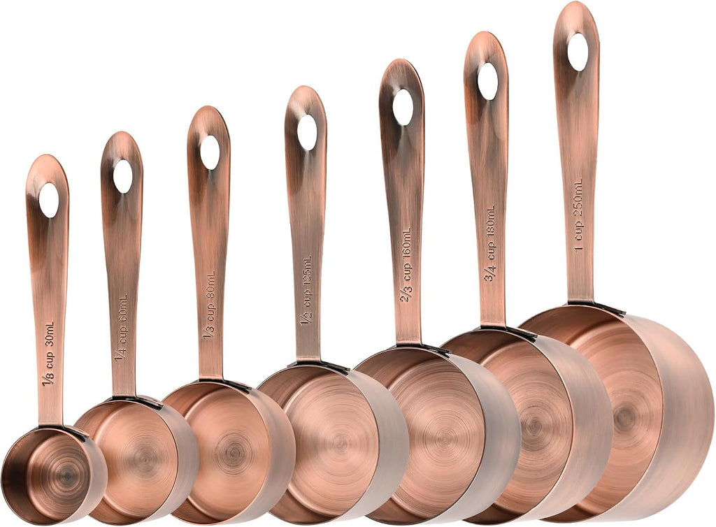 Juego de Tazas y Cucharas Medidoras Smithcraft, Juego de Tazas y Cucharas Medidoras de Cobre para Hornear y Cocina, Taza Medidora y Cuchara de Acero Inoxidable para Seco y Líquido, Juego de 7 Tazas