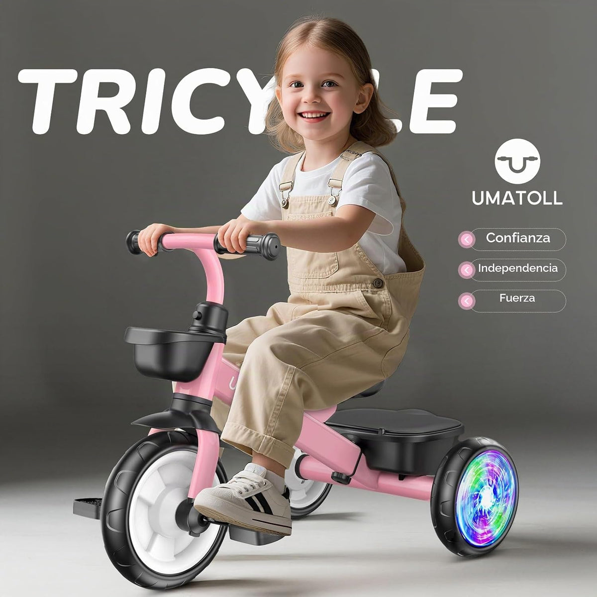 Umatoll Triciclo para niños pequeños de 2 a 5 años, bicicleta ajustable para niños pequeños, juguetes al aire libre, regalo de cumpleaños para niñas de 2 a 4 años, triciclo con ruedas iluminadas
