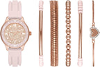 Skechers Set de regalo de reloj y pulsera apilable para mujer, Conjunto de oro rosa rosa, Reloj de cuarzo