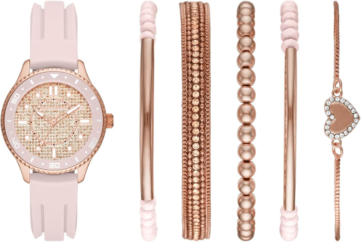 Skechers Set de regalo de reloj y pulsera apilable para mujer, Conjunto de oro rosa rosa, Reloj de cuarzo