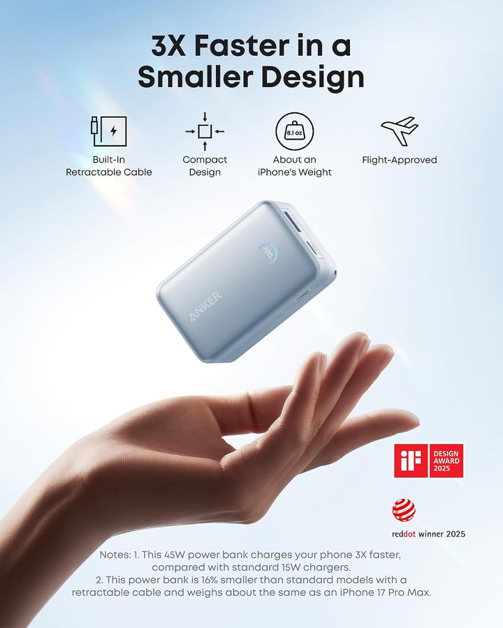 Anker Cargador portátil nano, 45 W 10000 mAh con cable retráctil de...