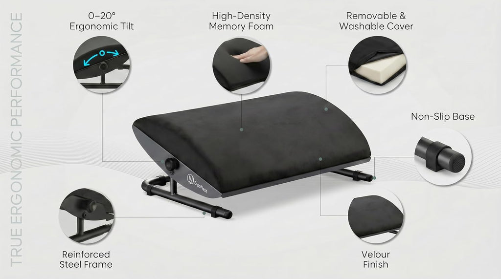 Lámpara Reposapiés para debajo del escritorio: reposapiés ergonómico ajustable con marco de acero y cojín de espuma viscoelástica, acabado de terciopelo suave para una comodidad superior, diseñado para