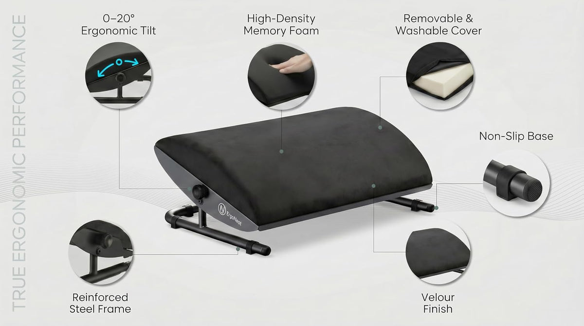 Lámpara Reposapiés para debajo del escritorio: reposapiés ergonómico ajustable con marco de acero y cojín de espuma viscoelástica, acabado de terciopelo suave para una comodidad superior, diseñado para