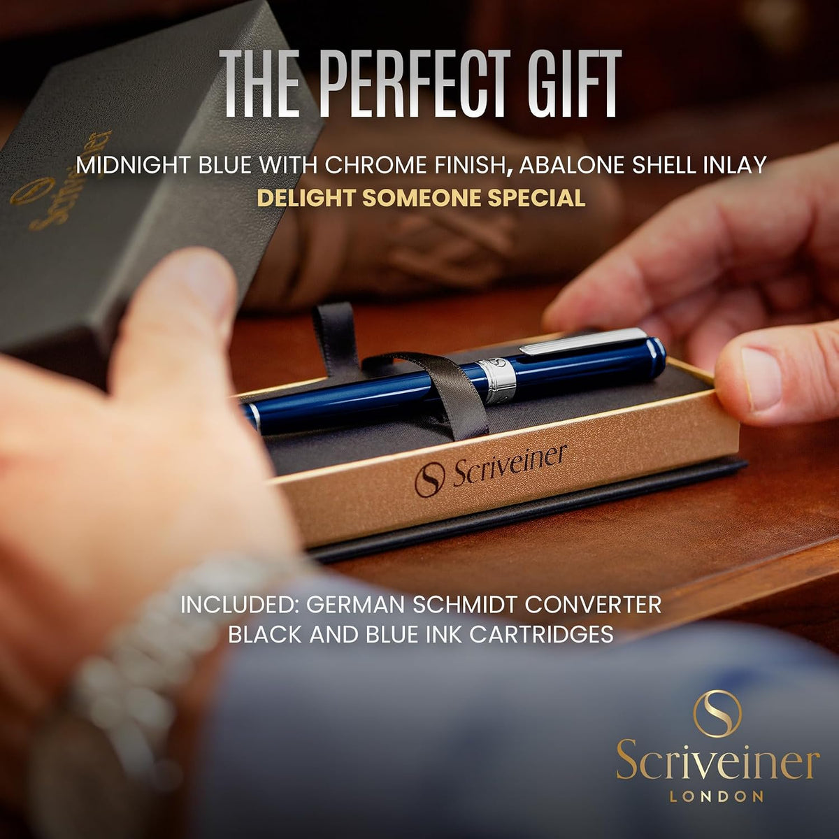 Pluma fuente Scriveiner Midnight Azul – Impresionante pluma de lujo con acabado cromado, punta Schmidt (mediana), el mejor juego de regalo para hombres y mujeres, profesionales, ejecutivos, oficina