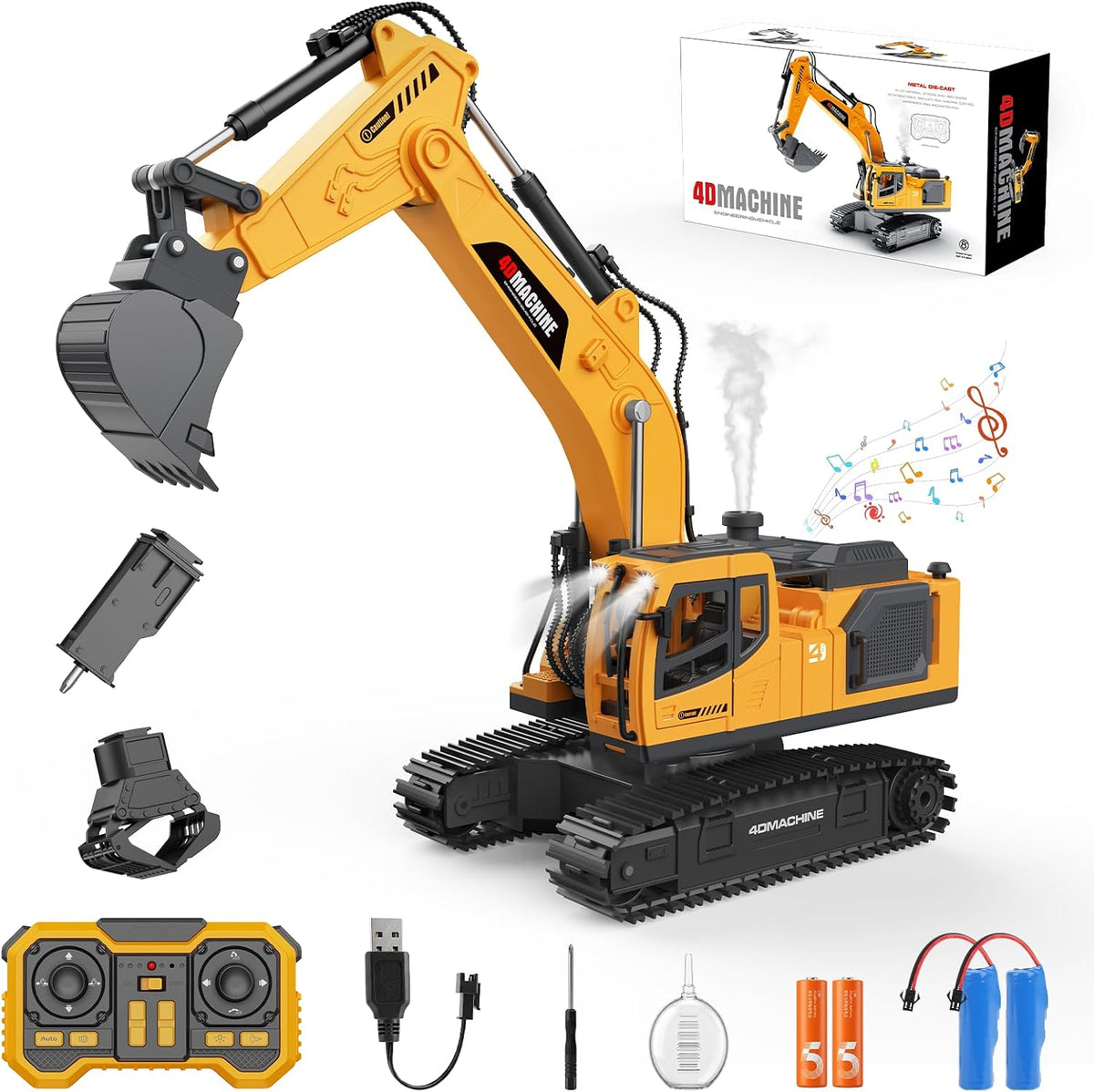 Excavadora de juguete a control remoto para niños, excavadora RC 3 en 1 con cubo de aleación, rompedor y garra, juguetes de vehículos de construcción con luces y sonidos, 2 baterías de 1200 mAh
