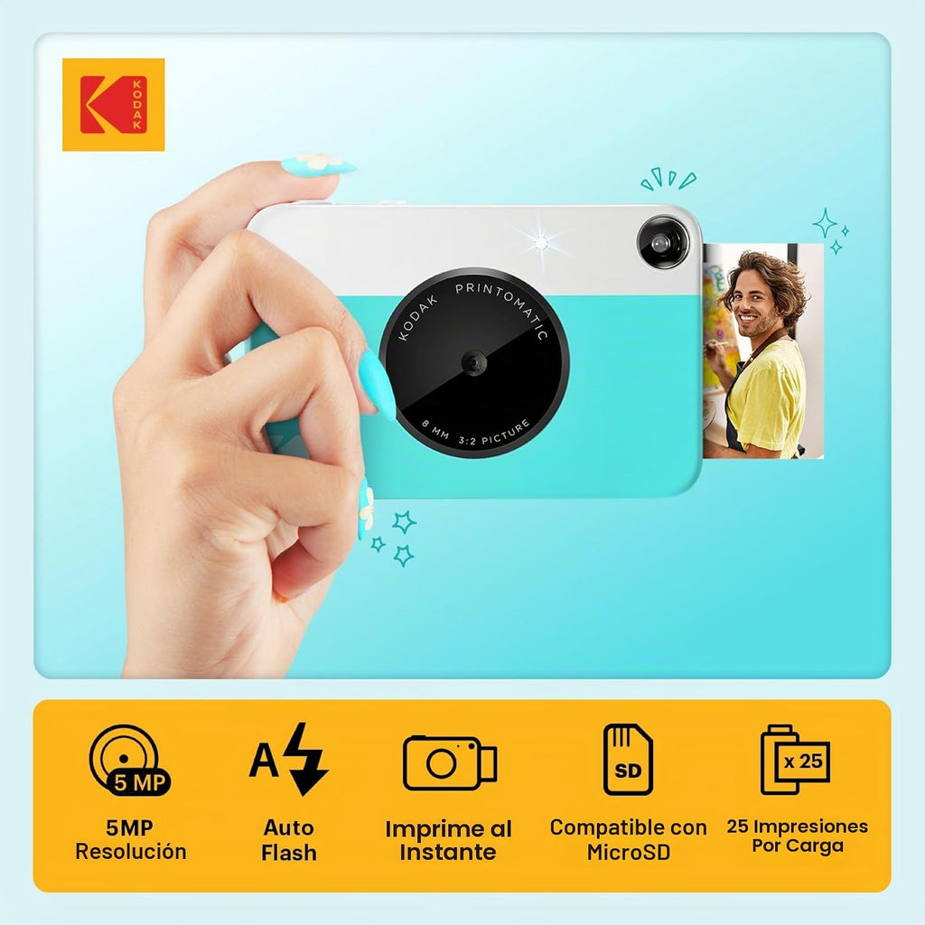 KODAK Printomatic - Cámara digital de impresión instantánea a todo color, Zink de 2 x 3 pulgadas (5.1x7.5 cm), papel fotográfico con parte trasera adhesiva, 5 MP, portátil
