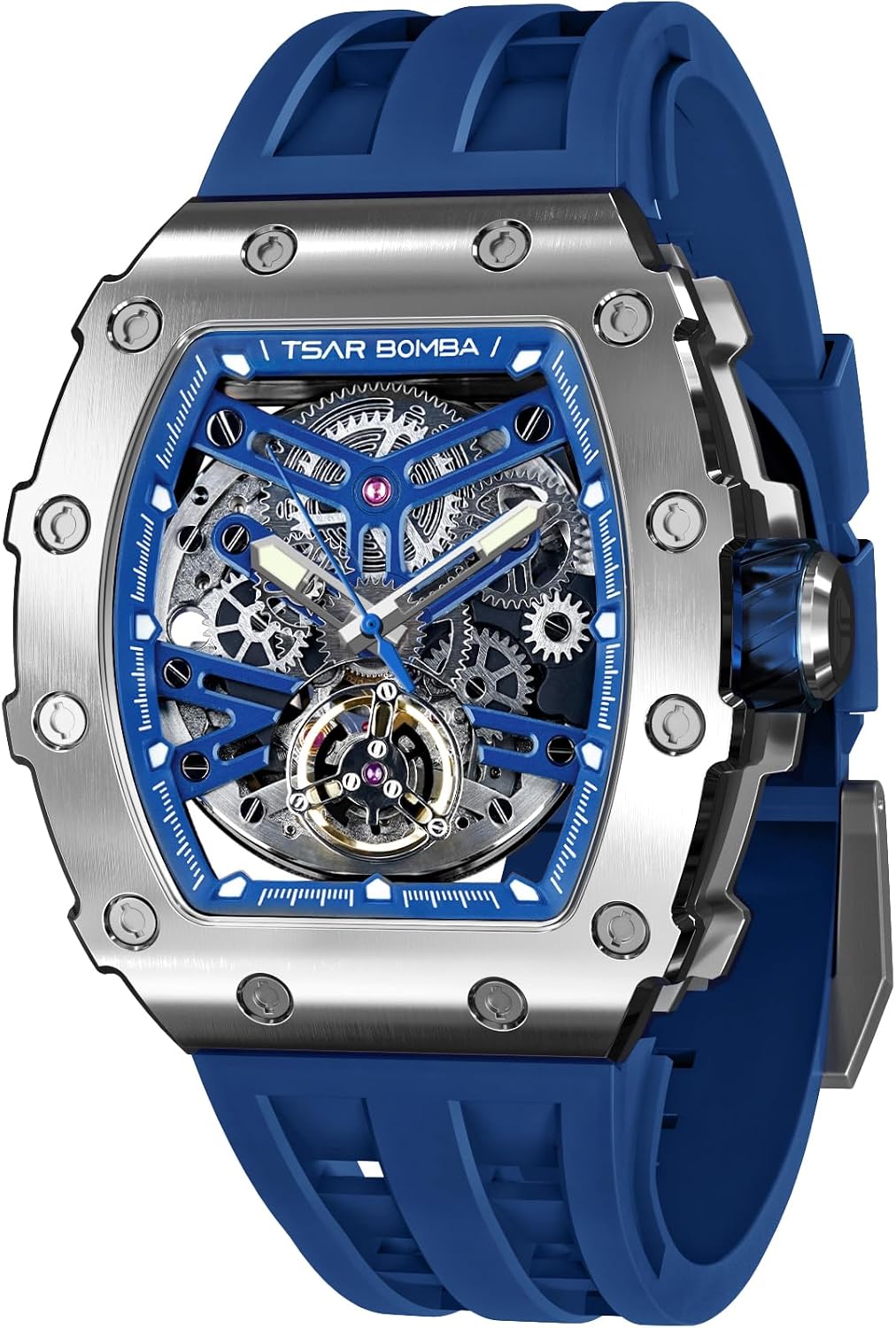 TSAR BOMBA Reloj de Lujo Masculino Automático 50M Resistente al Agua Movimiento Mecánico Japonés Caja de Acero Inoxidable Tonneau Cristal de Zafiro Esfera Grande Tipo Cool Moda Único Regalo para Hombre