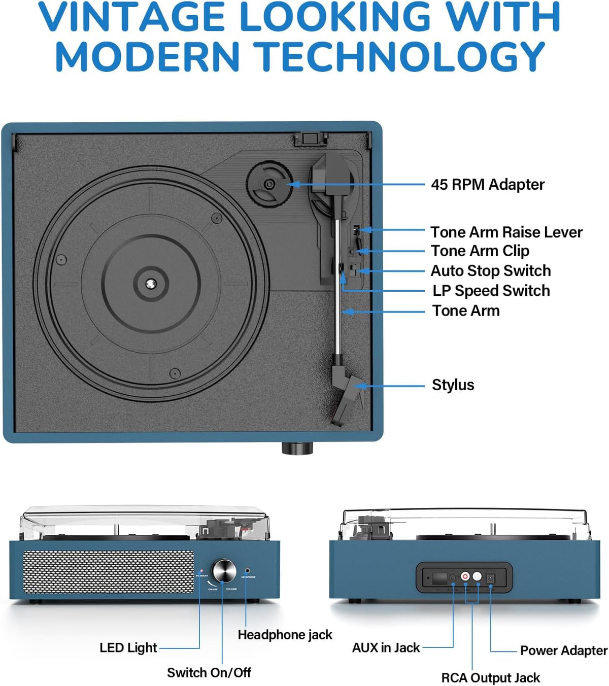 Reproductor de discos de vinilo con 2 altavoces estéreo, tocadiscos vintage accionados por correa, 3 velocidades, 3 tamaños, reproducción inalámbrica Bluetooth, entrada AUX, salida RCA, auriculares