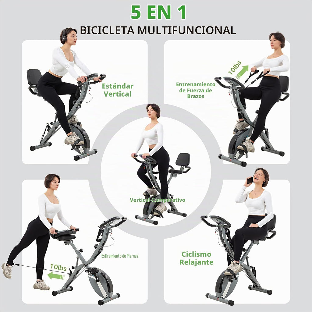 BARWING Bicicleta Estacionaria de Inicio para Ejercicio en Casa, 5 EN 1 Plegable para Ciclismo Indoor para Personas Mayores, Capacidad 350LB, Resistencia Magnética de 16 Niveles, Ajustes de Respaldo y Asiento