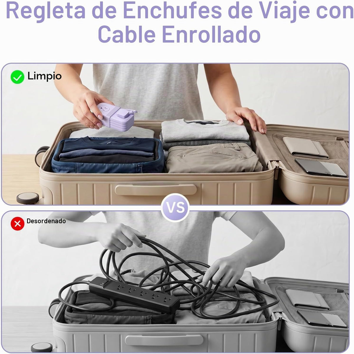 SMALLRT - 2 tiras de alimentación de viaje, cable de extensión con múltiples tomas, extensión envuelta de 3.3 pies con 4 salidas de CA para viajes, hotel, crucero, protección contra sobretensiones
