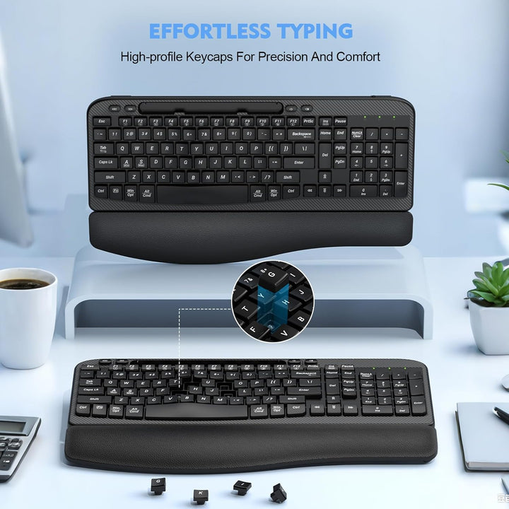 Teclado inalámbrico ergonómico con reposamuñecas acolchado, teclas...