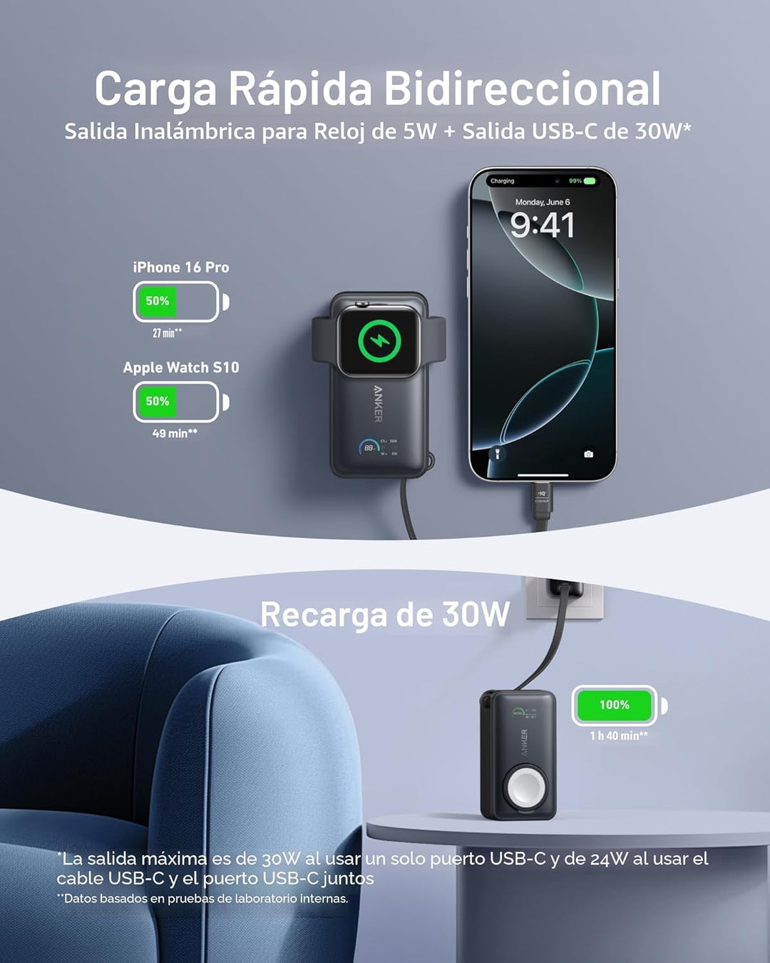 Anker MagGo Power Bank para Apple Watch, batería compacta de 10,000...