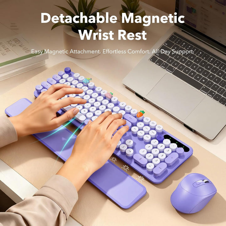 Wireless Keyboard and Mouse Combo, Round Keycaps, Full-Size Retro T...