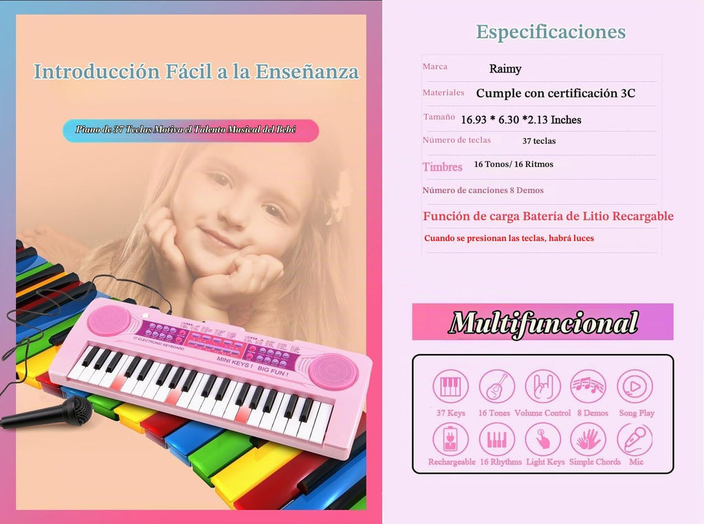 Teclado de piano recargable para niños, 37 teclas con micrófono e