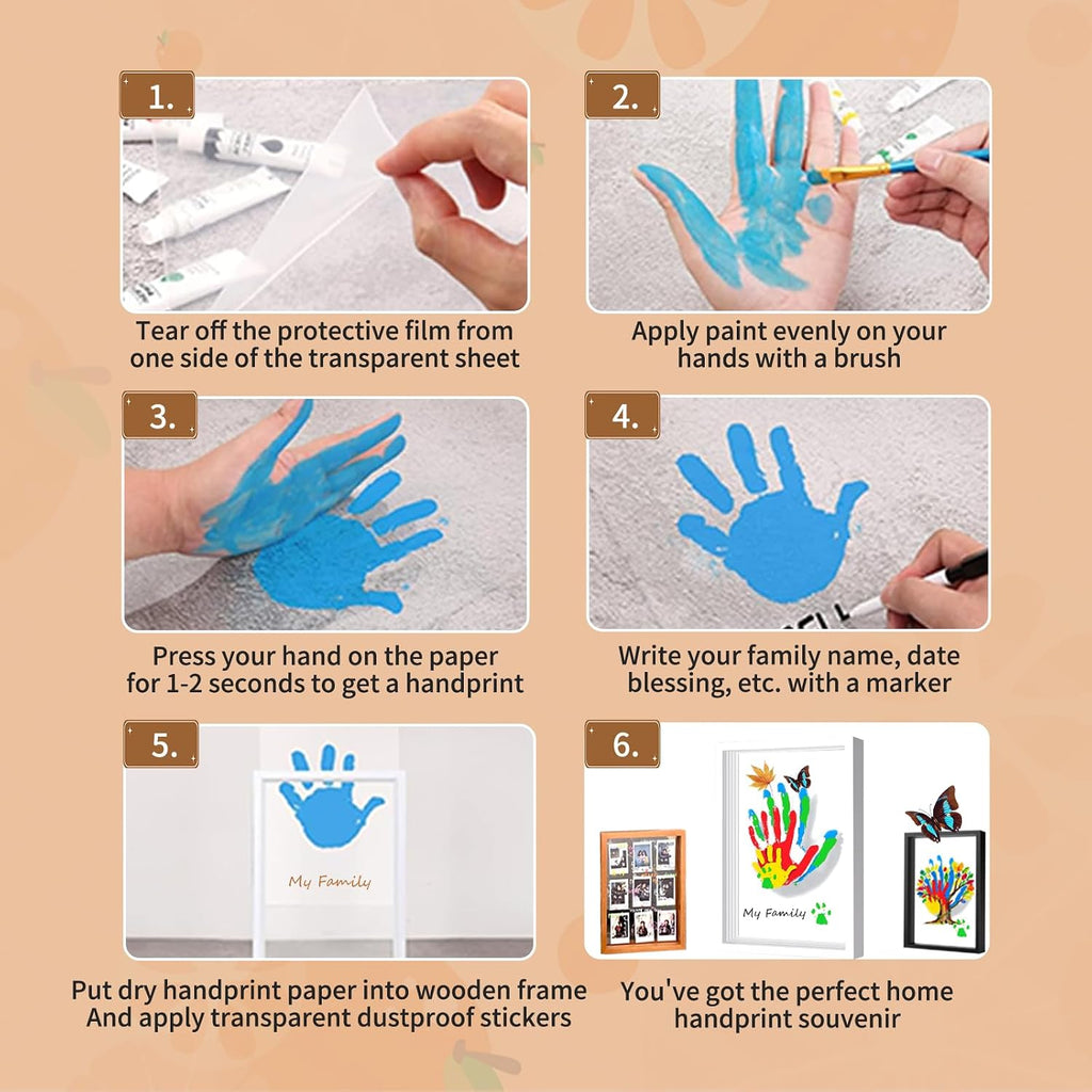 Kit familiar de huellas de manos y fundición a mano, recuerdo de manualidades con marco de madera, pinturas no tóxicas, kit de pasarela para bebé, regalo perfecto para abuelos, nuevos padres y familias (blanco, 4 hojas transparentes)