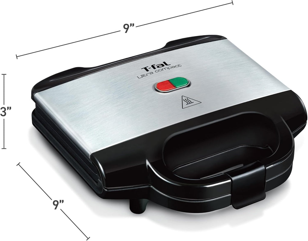T-fal Sandwichera compacta, acero inoxidable, fácil de limpiar, luces indicadoras, mango de tacto frío, queso a la parrilla, Panini, 625 vatios, negro