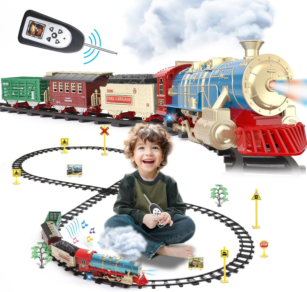 Juego de tren de control remoto para niños de 3 a 8 años, tren de juguete eléctrico con vapor, luces y sonidos, incluye 17 pistas y batería recargable para jugar en interiores