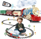 Juego de tren de control remoto para niños de 3 a 8 años, tren de juguete eléctrico con vapor, luces y sonidos, incluye 17 pistas y batería recargable para jugar en interiores