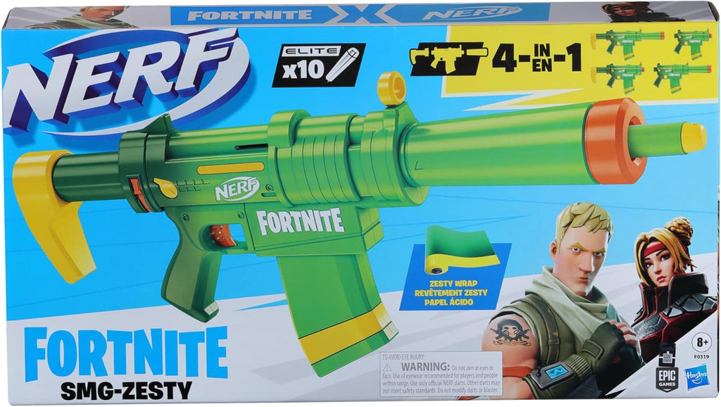 Nerf Fortnite SMG-Zesty Blaster, 10 Dardos Nerf Elite, Cargador de 10 Dardos, Culata y Cañón Removibles, Regalos Fortnite para Boys & Girls