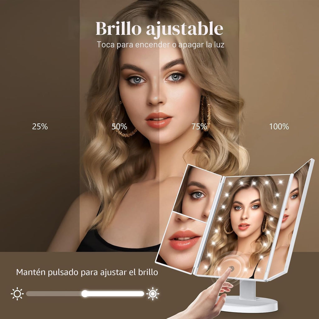 Espejo de tocador con aumento 2X/3X/10X con iluminación, espejo de maquillaje plegable trifold