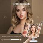 Espejo de tocador con aumento 2X/3X/10X con iluminación, espejo de maquillaje plegable trifold