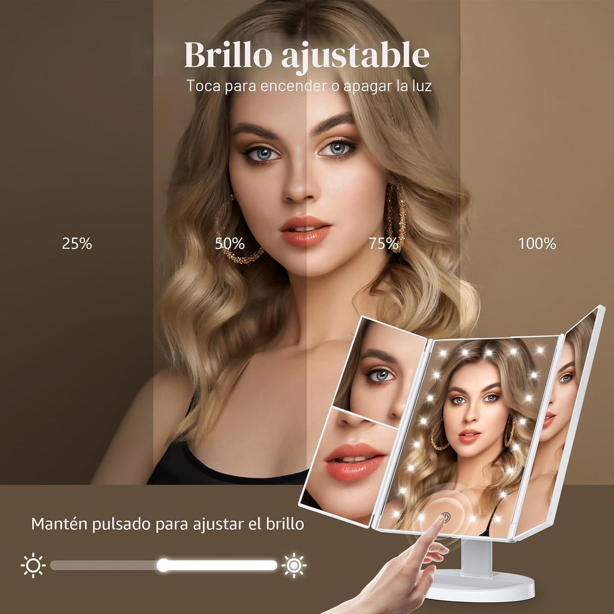 Espejo de tocador con aumento 2X/3X/10X con iluminación, espejo de maquillaje plegable trifold