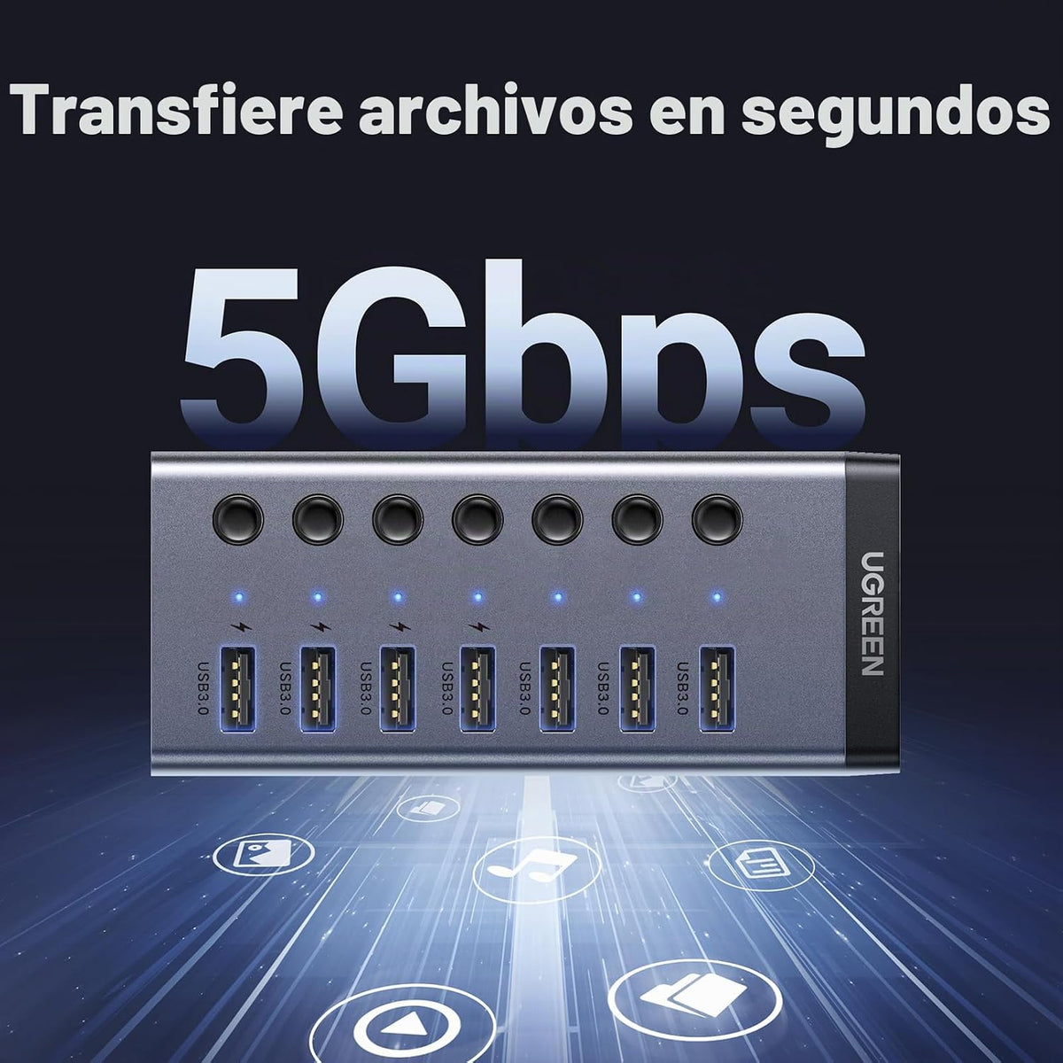 UGREEN, 90305, hub USB 3.0 de 7 puertos, adaptador 12V/2A