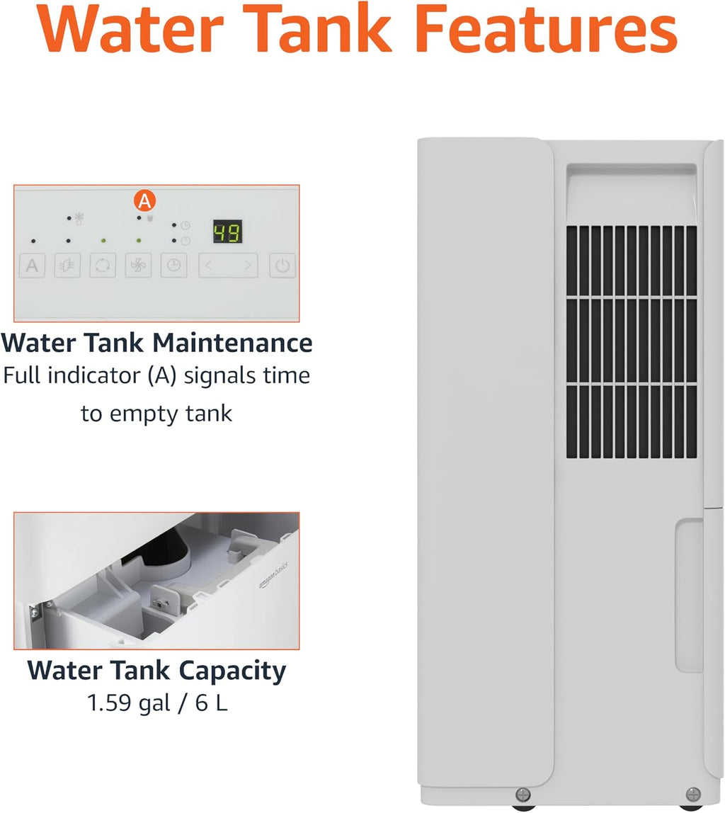 Amazon Basics Deshumidificador grande de 50 pintas con bomba, certificado New Energy Star, control de humedad, descongelación automática, temporizador, protección contra desbordamiento para
