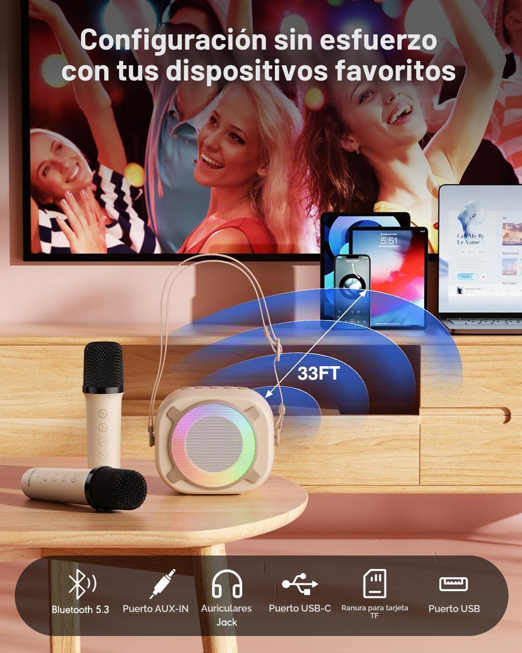 Mini máquina de karaoke con altavoz Bluetooth portátil con 2 micrófonos inalámbricos y luces de fiesta para niñas y niños, regalos de cumpleaños para fiestas familiares (vainilla)
