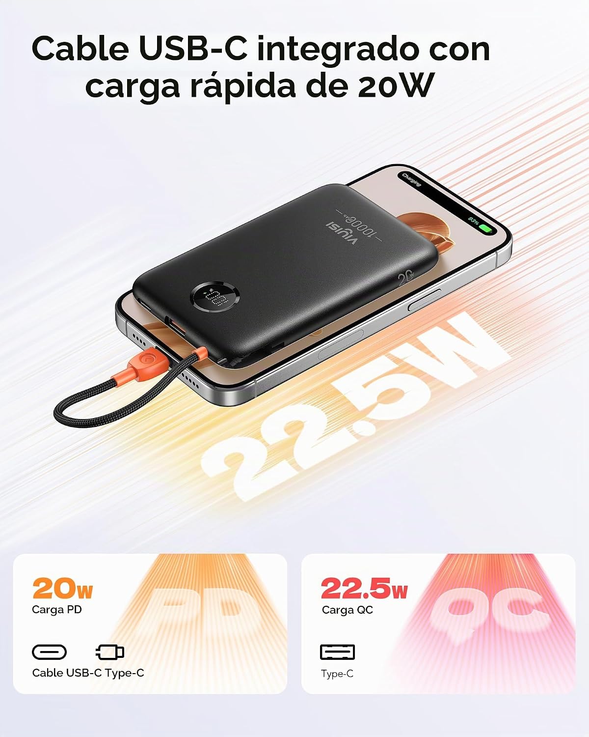 VIYISI Cargador portátil ultra delgado pequeño 10000mah con cable U...