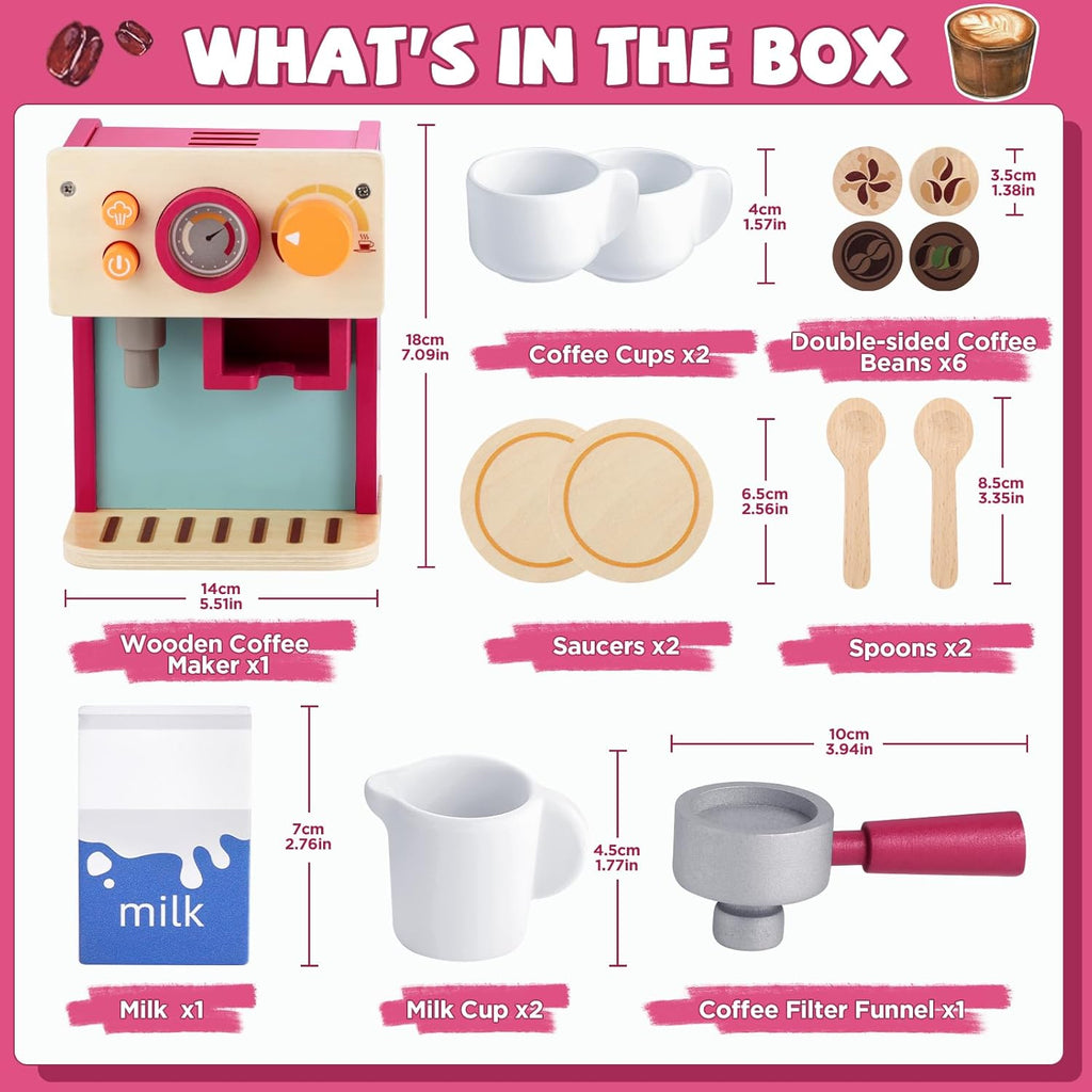 GAGAKU Máquina de café de madera para niños pequeños, juguetes de aprendizaje Montessori para niñas y niños de 3, 4, 5 años, accesorios de cocina realistas con máquina de café expreso y juego de arte con leche
