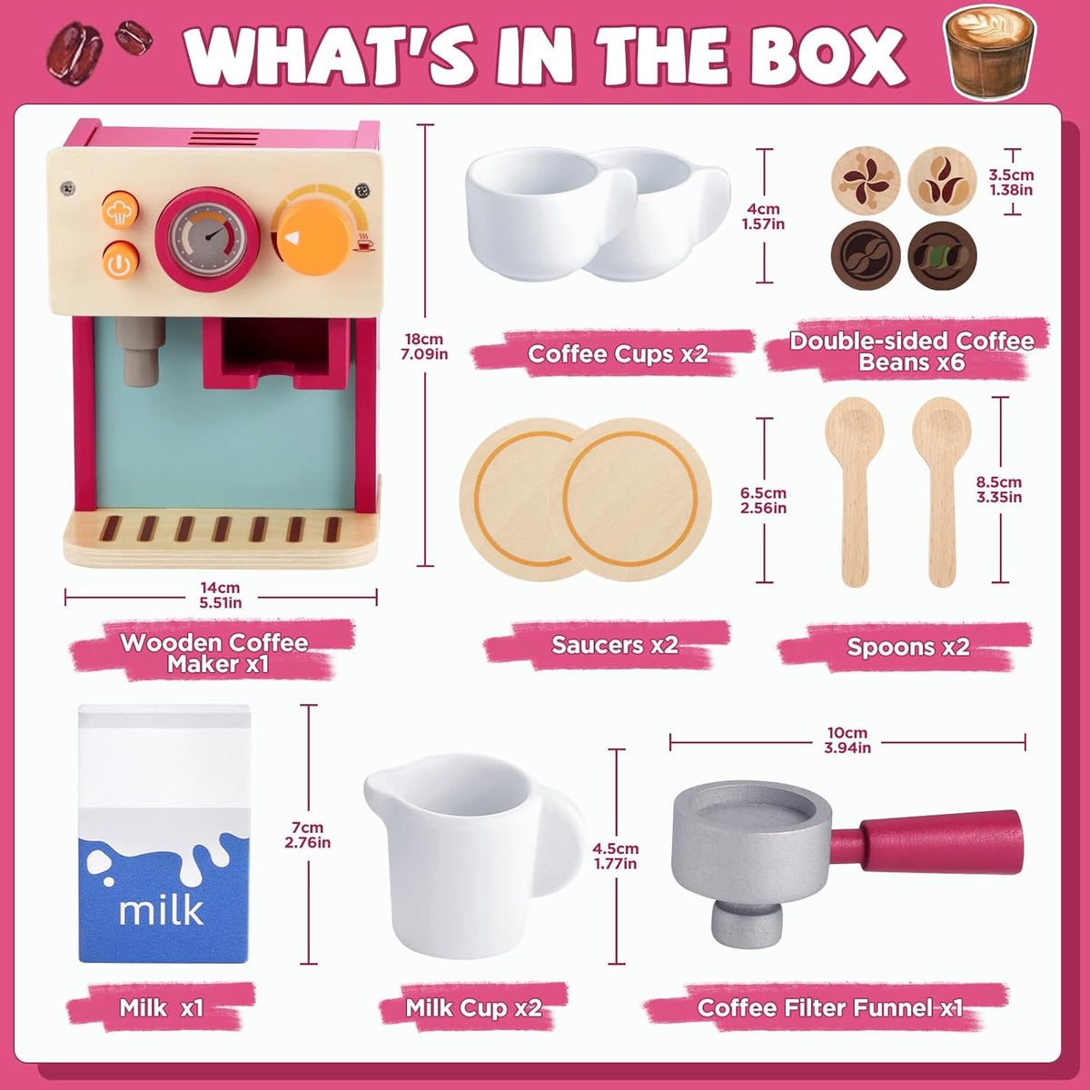 GAGAKU Máquina de café de madera para niños pequeños, juguetes de aprendizaje Montessori para niñas y niños de 3, 4, 5 años, accesorios de cocina realistas con máquina de café expreso y juego de arte con leche