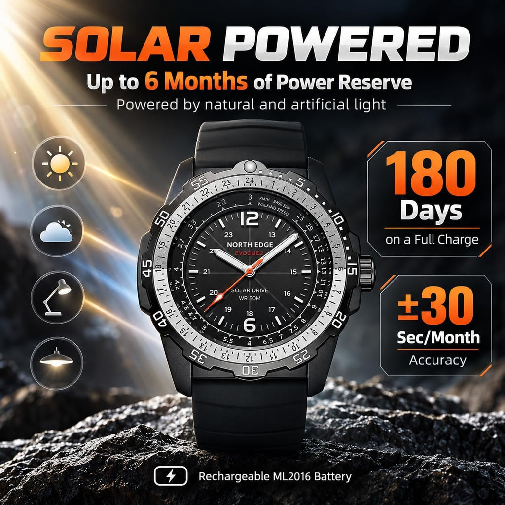 NORTH EDGE Reloj solar para hombre, sin necesidad de batería, 50M resistente al agua, reloj militar al aire libre, analógico luminosa, correa de silicona duradera, tamaño 46mm