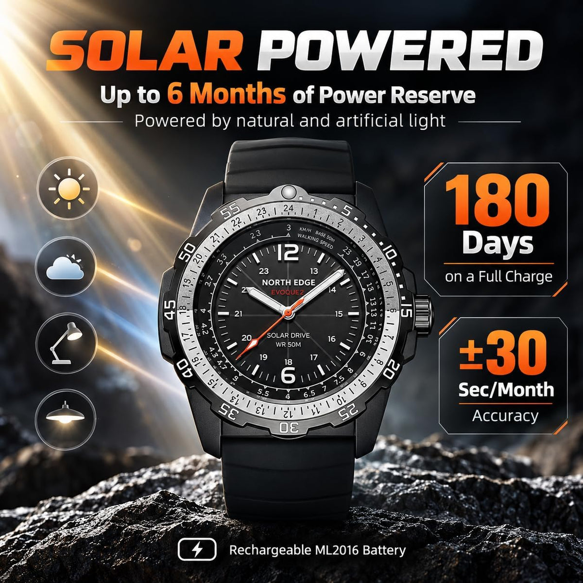 NORTH EDGE Reloj solar para hombre, sin necesidad de batería, 50M resistente al agua, reloj militar al aire libre, analógico luminosa, correa de silicona duradera, tamaño 46mm