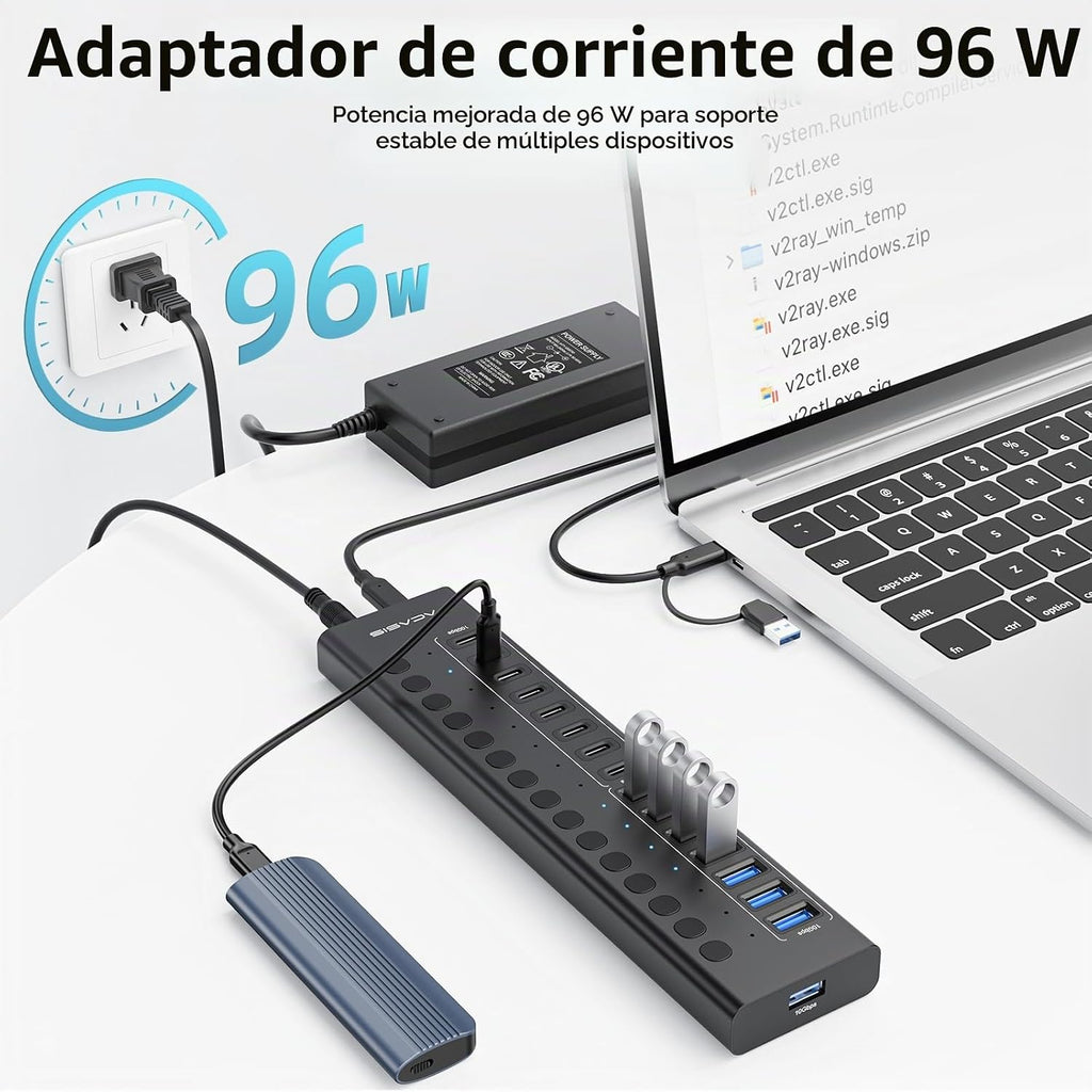 ACASIS, HB16Pro-BK, hub USB 3.2 de 16 puertos, alimentado, adaptador 5V/1.5A