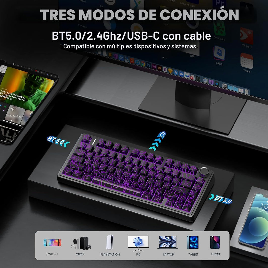 AULA Teclado mecánico inalámbrico F75 Pro con perilla, 75% teclados...